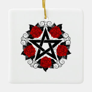 Pentagram med Röd ros Julgransprydnad Keramik