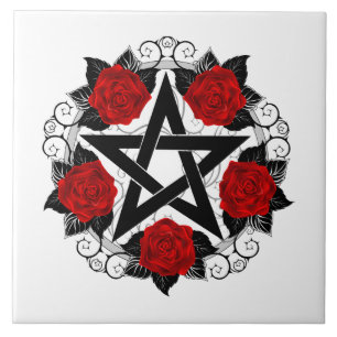 Pentagram med Röd ros Kakelplatta