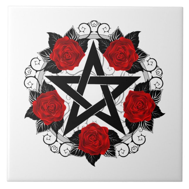 Pentagram med Röd ros Kakelplatta (Framsidan)