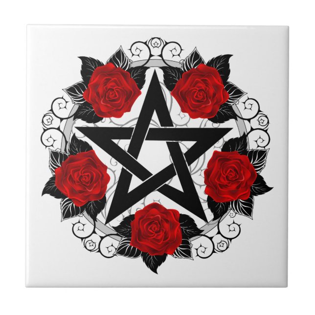 Pentagram med Röd ros Kakelplatta (Framsidan)