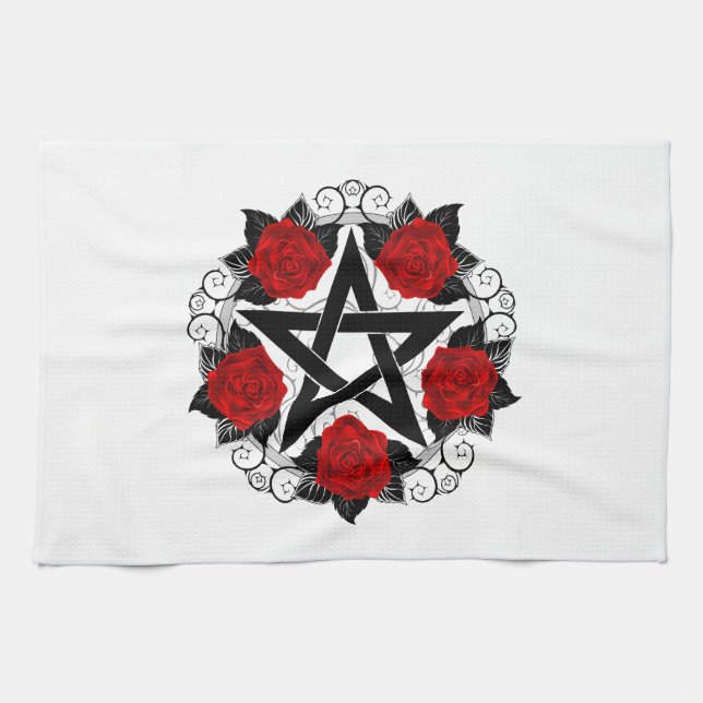 Pentagram med Röd ros Kökshandduk (Horisontell)