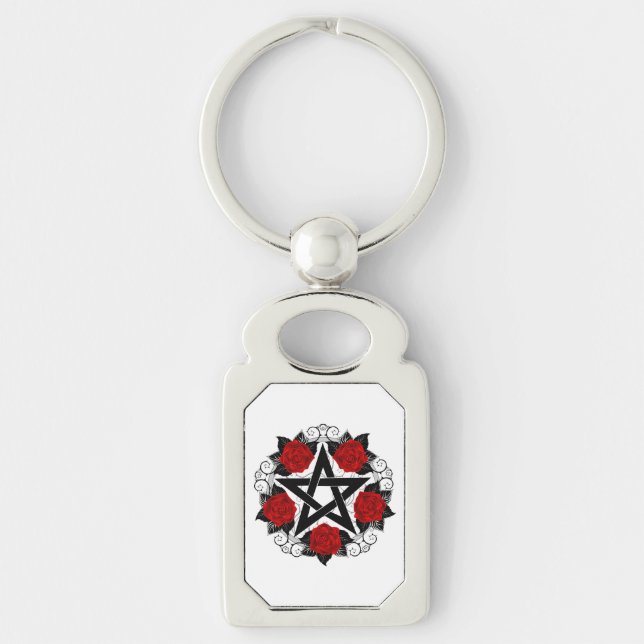 Pentagram med Röd ros Rektangulärt Silverfärgad Nyckelring (Framsidan)