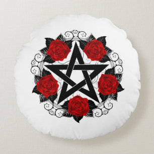 Pentagram med Röd ros Rund Kudde