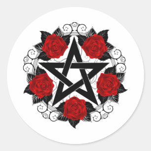 Pentagram med Röd ros Runt Klistermärke