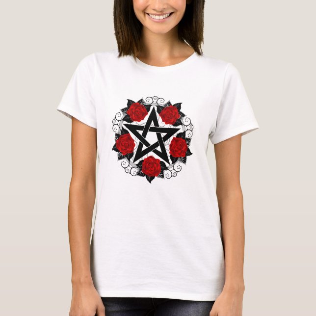 Pentagram med Röd ros T Shirt (Framsida)