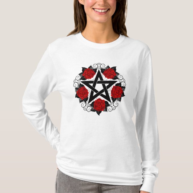 Pentagram med Röd ros T Shirt (Framsida)