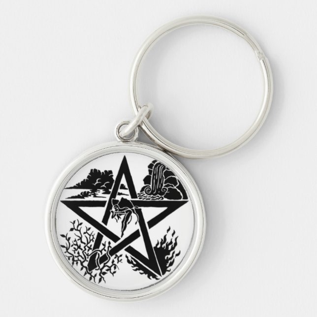 Pentagram Rund Silverfärgad Nyckelring (Framsidan)