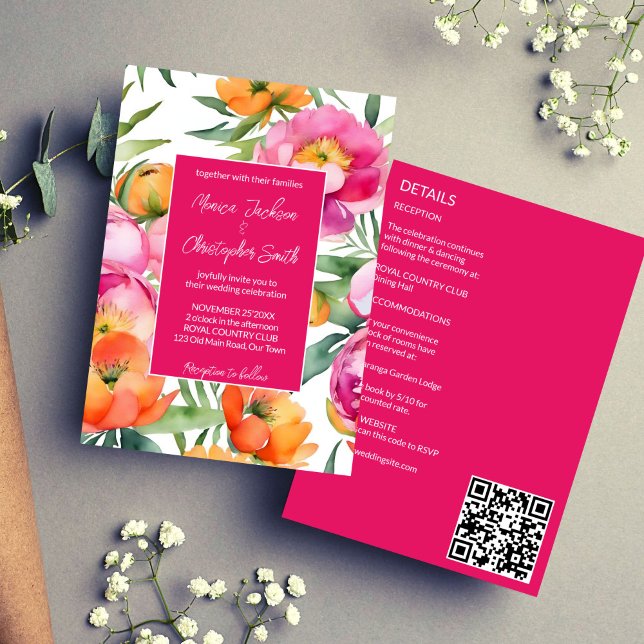 Peonier för rosa orange, feta färg, alla i ett brö inbjudningar (Bold colors pink orange peonies all in one wedding invitation template digital download QR RSVP)