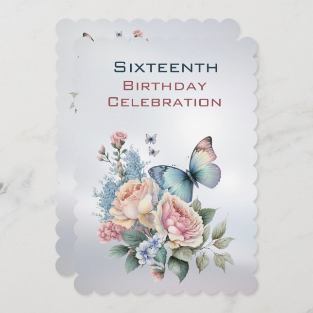 Peonier och fjäril Inbjudan vid sextonde födelseda (Fram/baksida)