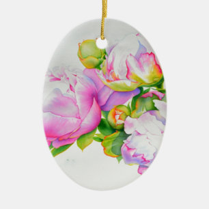 Peonier, rosa, vit, blommigt, vattenfärgning julgransprydnad keramik
