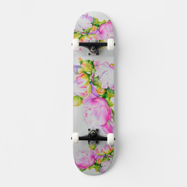 Peonier, rosa, vit, blommigt, vattenfärgning mini skateboard bräda 18,7 cm (Framsida)