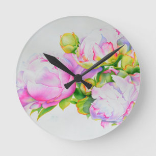 Peonier, rosa, vit, blommigt, vattenfärgning rund klocka