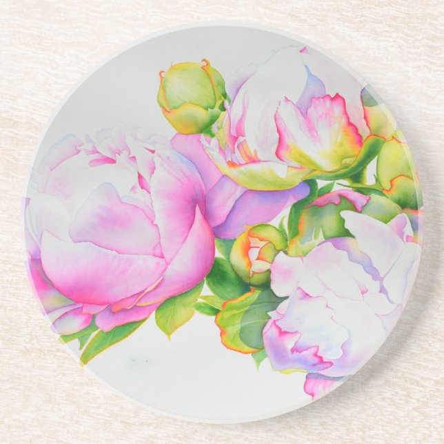 Peonier, rosa, vit, blommigt, vattenfärgning underlägg sandsten (Framsidan)