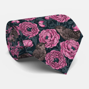 Peonies and wrens on dark gray slips