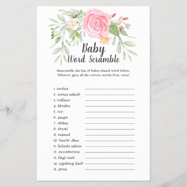  Peonies Baby Shower UK Ord Scramble Flygblad (Framsidan)