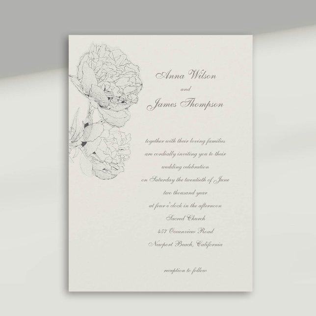 Peonies Bläck Sketch Ecru Formal Calligraphy Bröll Inbjudningar (peony wedding invitation large blooms ink sketch ecru white formal calligraphy modern classic)