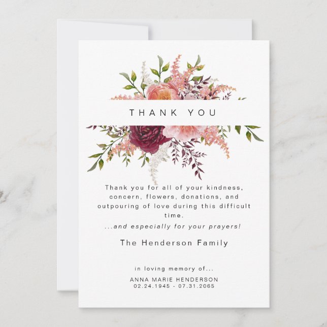  Peonies Blommigt Bereavement Funeral Tack Kort (Framsida)