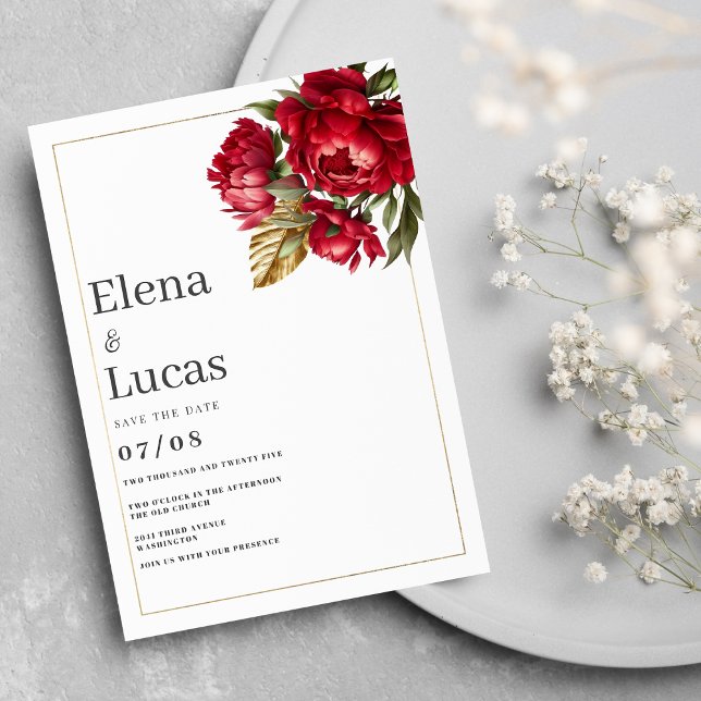 Peonies blommigt guld grönt bröllop inbjudningar (Autumn red gold green peonies floral wedding)