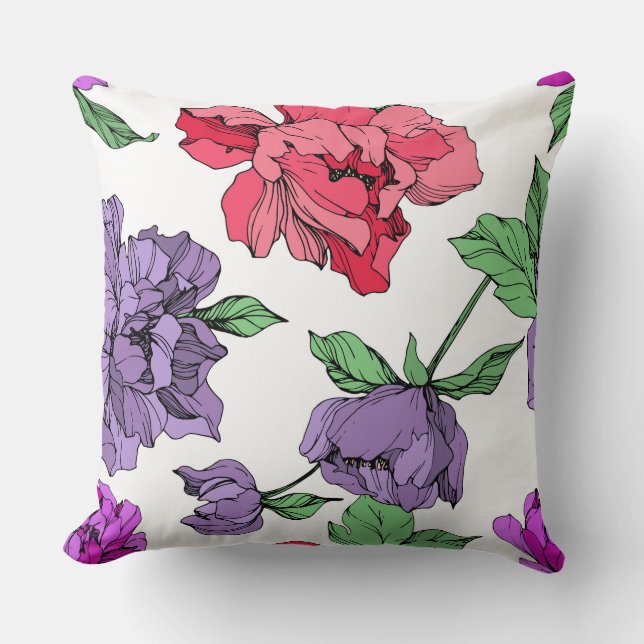Peonies blommigt isolerad bläck-rosa, lila kudde (Framsida)