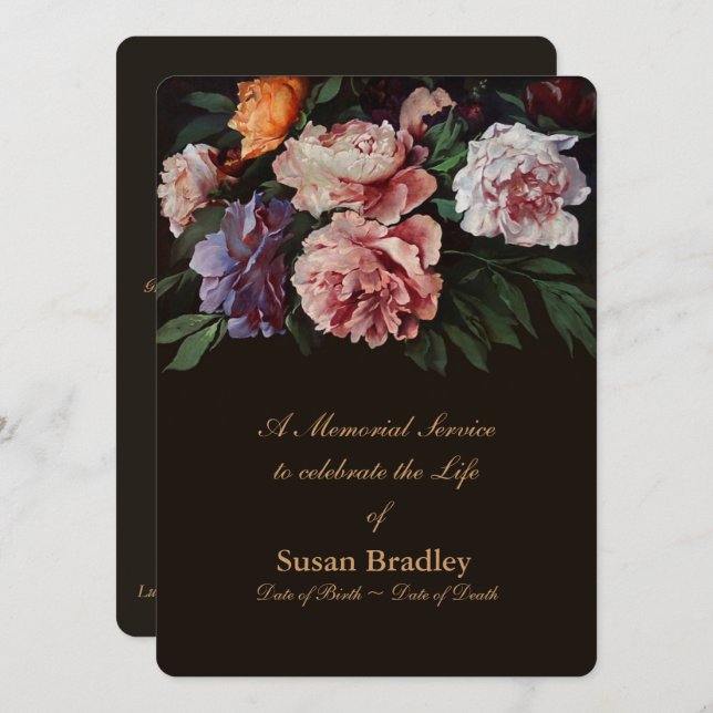 Peonies Blommigt Painting 2 Memorial Service Inbjudningar (Fram/baksida)