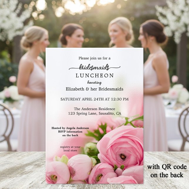 Peonies Bridesmaid Luncheon-inbjudan Inbjudningar (Bridesmaid's luncheon invitation featuring elegant script on pink peonies - with QR code template)