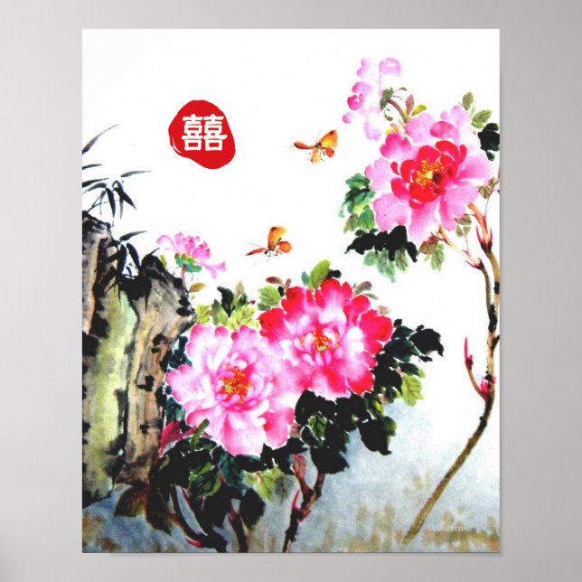 Peonies&Butterflies/Dubbla Happity Bröllop Gift Poster (Framsidan)