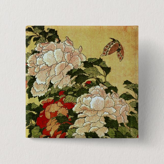 Peonies & Butterflies Hokusai Japansk konst Knapp (Framsida)