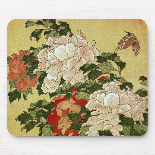 Peonies & Butterflies Hokusai Japansk konst Musmatta (Framsidan)