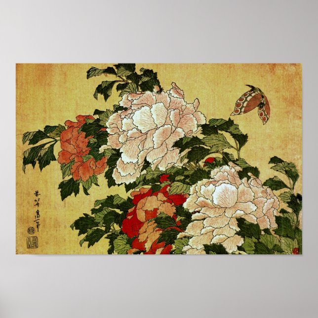 Peonies & Butterflies Hokusai Japansk konst Poster (Framsidan)