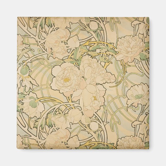 Peonies by Alphonse Mucha, Vintage Art nouveau Magnet (Framsidan)