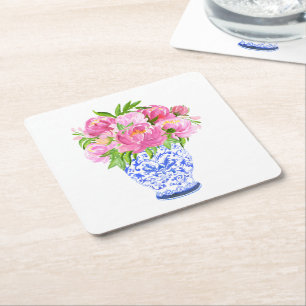 Peonies Chinoiserie Vas Underlägg Papper Kvadrat