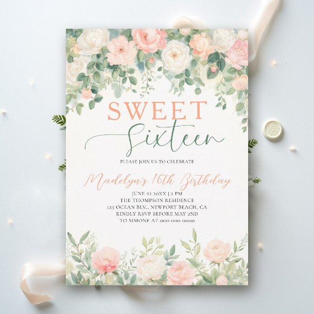 Peonies Floral Peach Pink Script Elegant Sweet 16 Inbjudningar (sweet sixteen birthday party invitation peony floral peach pink green script elegant classy)