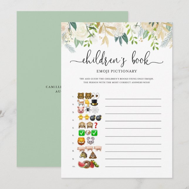 Peonies Guld Emoji Pictionary Baby Shower Game Inbjudningar (Fram/baksida)