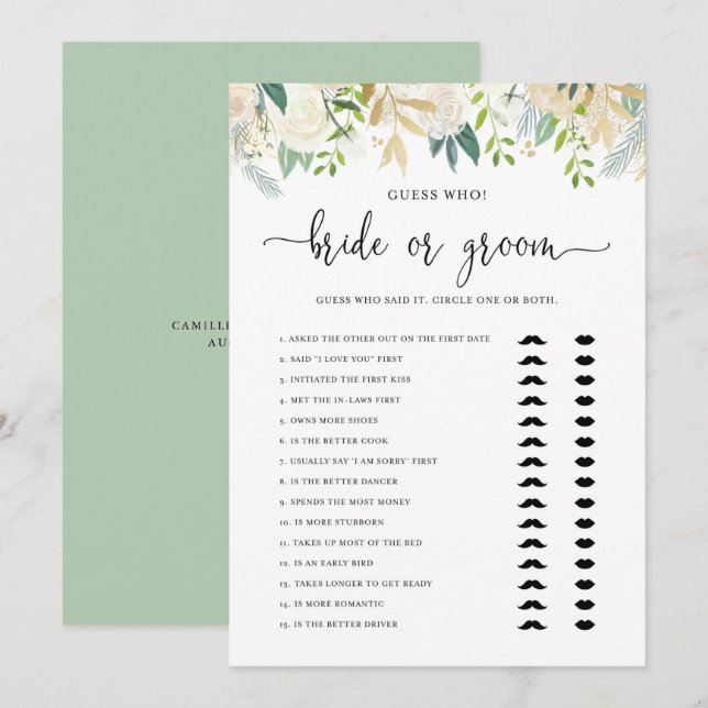Peonies Guld Glitter Bride eller Groom Shower Game Inbjudningar (Fram/baksida)
