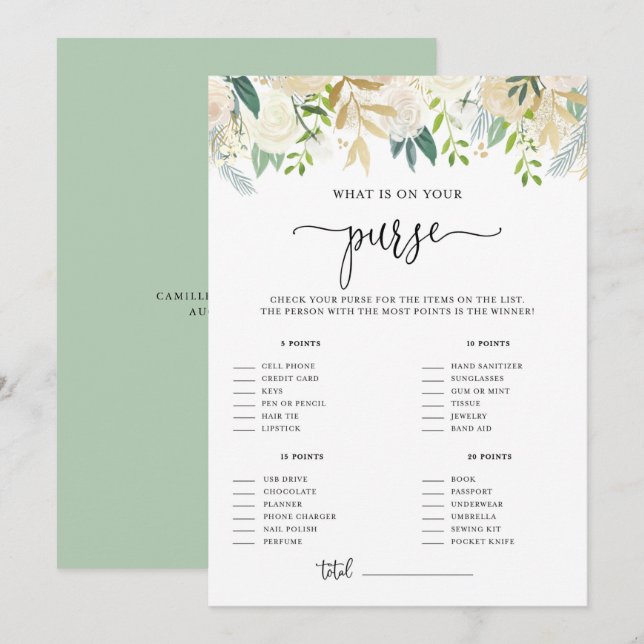 Peonies Guld Glitter What's on Your Purse Shower Inbjudningar (Fram/baksida)