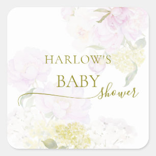 Peonies Hydrangea Pastel Watercolor Baby Shower Fyrkantigt Klistermärke