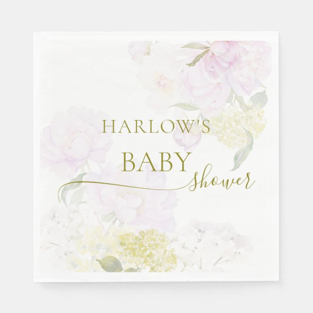 Peonies Hydrangea Pastel Watercolor Baby Shower Pappersservett (Framsidan)