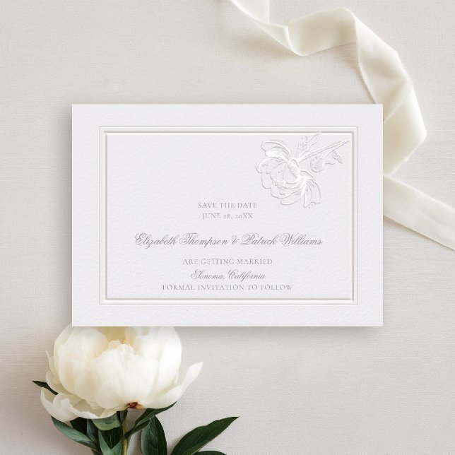 Peonies Ivory Classic Ram Formal Elegant bröllop Spara Datumet (peony wedding save the date formal modern classic frame traditional calligraphy faux embossed ivory)
