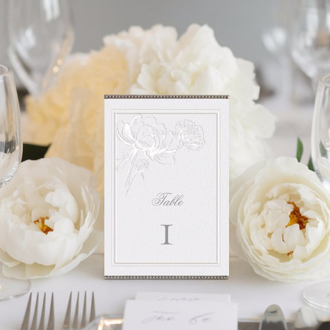 Peonies Ivory Dubbla Ram Formal Elegant bröllop Bordsnummer (peony wedding table card formal modern classic traditional calligraphy double frame faux embossed)