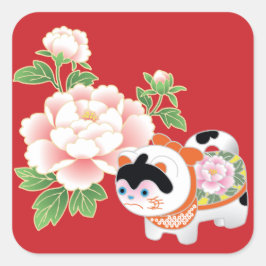 Peonies & Lejonare Hundar Japanska Kimono Mönster Fyrkantigt Klistermärke