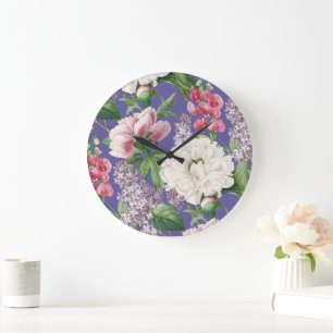 Peonies & Lilacs Blomsterträdgård Watercolor Mönst Stor Klocka