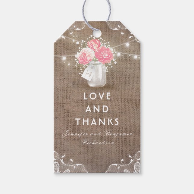 Peonies Mason Burk Rustic Burlap Bröllop Presentetikett (Framsidan)