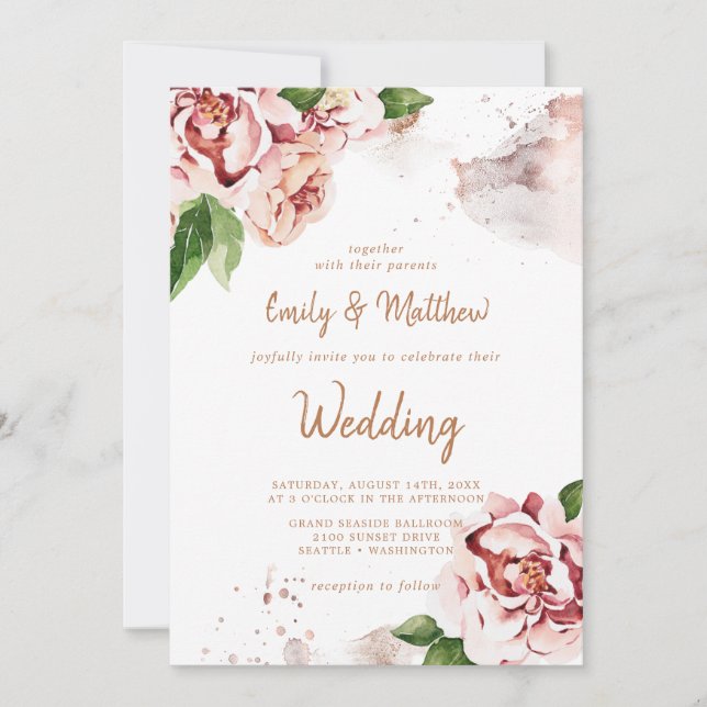  Peonies Modern Abstrakt Faux Glitter Bröllop Inbjudningar (Framsida)