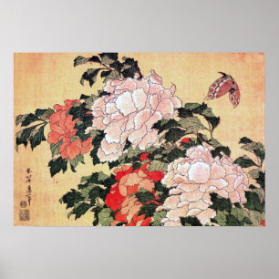 Peonies och Butterfly Hokusai Poster