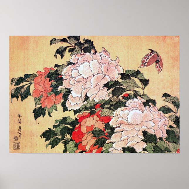 Peonies och Butterfly Hokusai Poster (Framsidan)