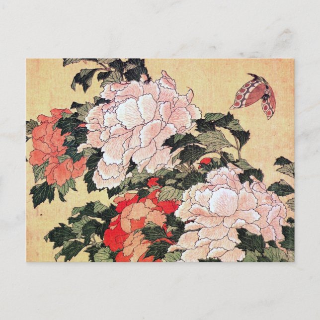 Peonies och Butterfly Hokusai Vykort (Framsida)