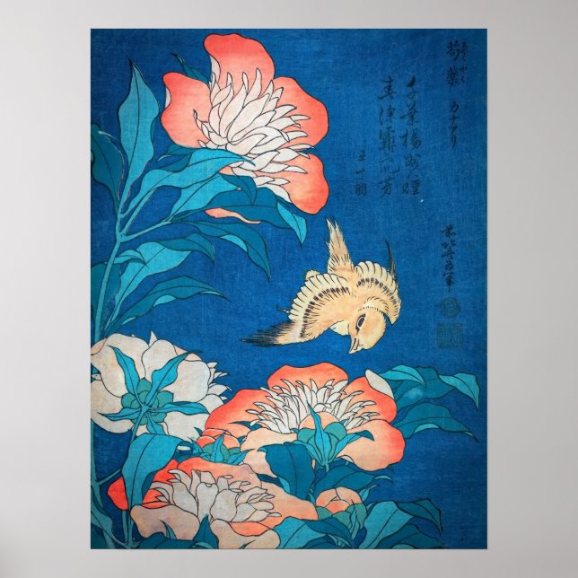 Peonies och Canary av Hokusai Poster (Framsidan)