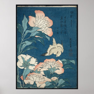 Peonies och Canary av Katsushika Hokusai 1834 Poster