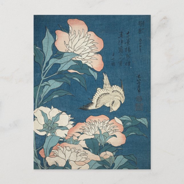 Peonies och Canary av Katsushika Hokusai 1834 Vykort (Framsida)