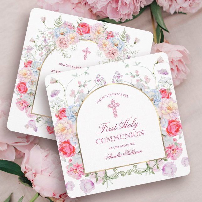 Peonies och Ro Arch First Communion Square Inbjudningar (Skapare uppladdad)